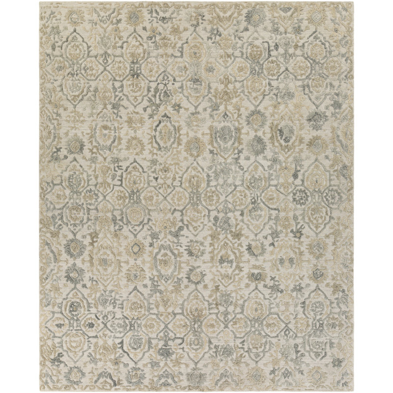 Tapis floral beige / gris anthracite fait à la main, Rectangle 6 pi x 9 pi