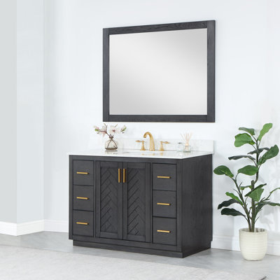 Gazsi 48"" Single Bathroom Vanity Set In Black Oak With Grain White Composite Stone Countertop With Mirror -  Everly Quinn, 0ED3041A859D4E88A16AA66023E03B3F