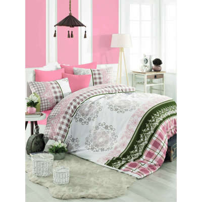 100% Cotton Ranforce Single Quilt Cover Set, Pink & White & Green, 61 x 79 Duvet Cover & 19.7 x 31.5 Pillowcase | 140 Thread Count, Machine Washable, Button Closure for Duvet & Envelope Closure for Pillowcase