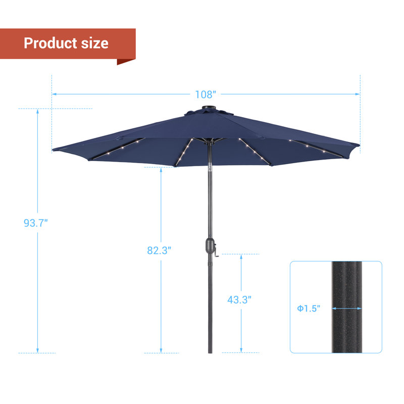 Parasol de patio rond de 9 pi avec grande table à baldaquin pour jardin, terrasse et piscine, Marine
