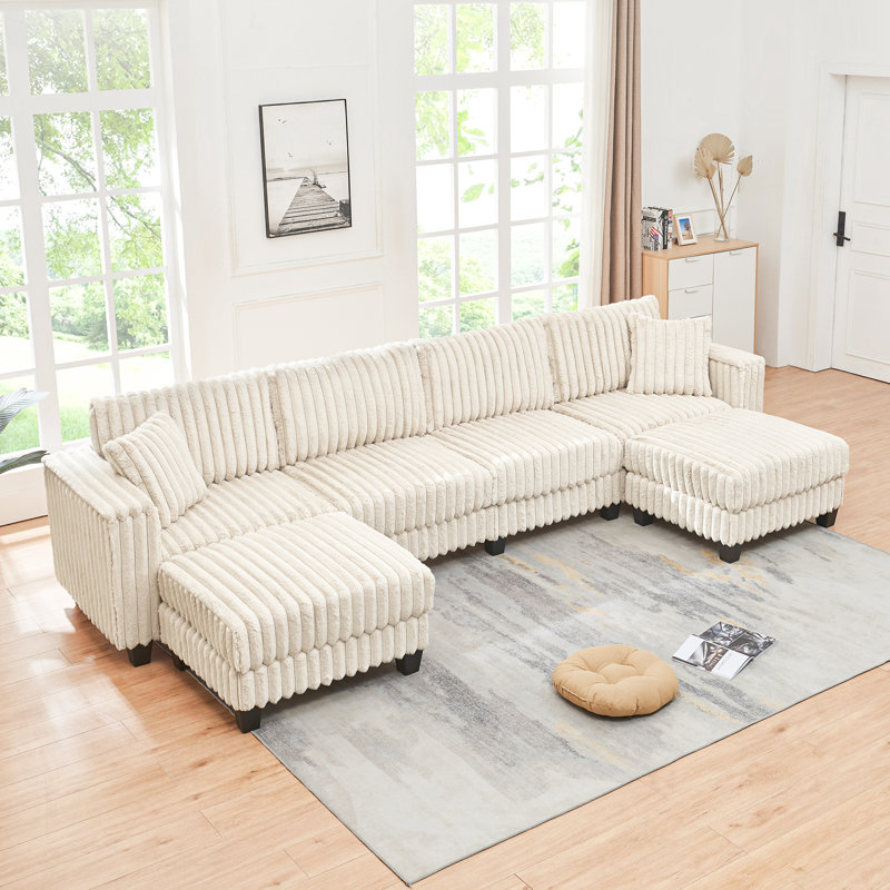 Canapé modulaire 137 po en fausse fourrure de lapin avec repose-pieds, Blanc
