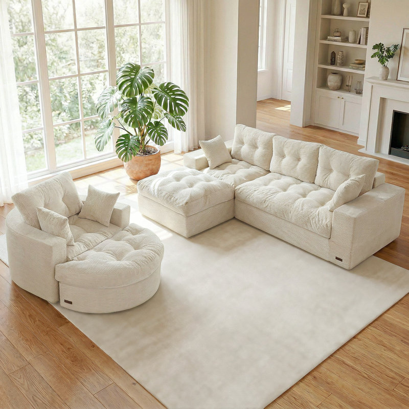 Sofa Couch And Chaise Lounge Set,Corduroy Boneless Floor Sofa Bed For Living Room, Beige