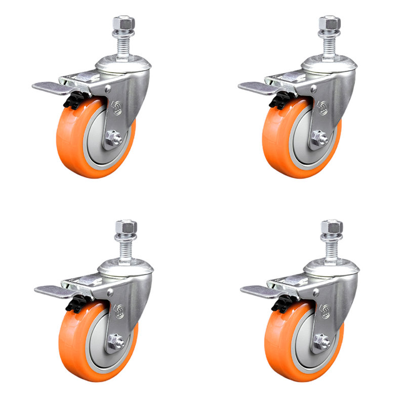 Ensemble de roulettes à tige filetée en polyuréthane 4 mm 4 pouces, Orange