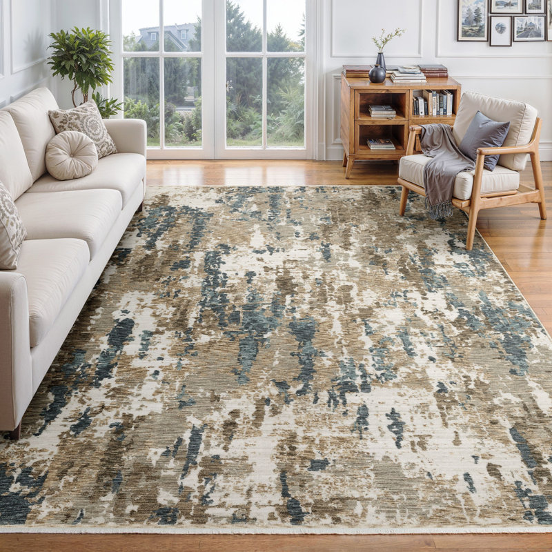 Ehlena Abstract Elements Beige/ Teal Area Rug, Rectangle 5'3" x 7'9"