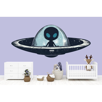 Cute Alien Wall Art, UFO Nursery Decor, Space Kids Room Art, Alien Spaceship Wall Mural 154Mv