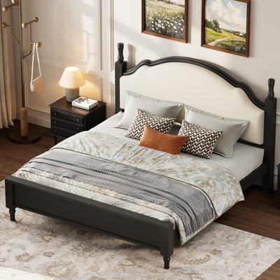 Queen Size Wood Platform Bed with Upholstered Headboard, Solid Pine Wood Bed Frame, No Box Spring Needed, Easy Assembly, Black Frame+Fabric