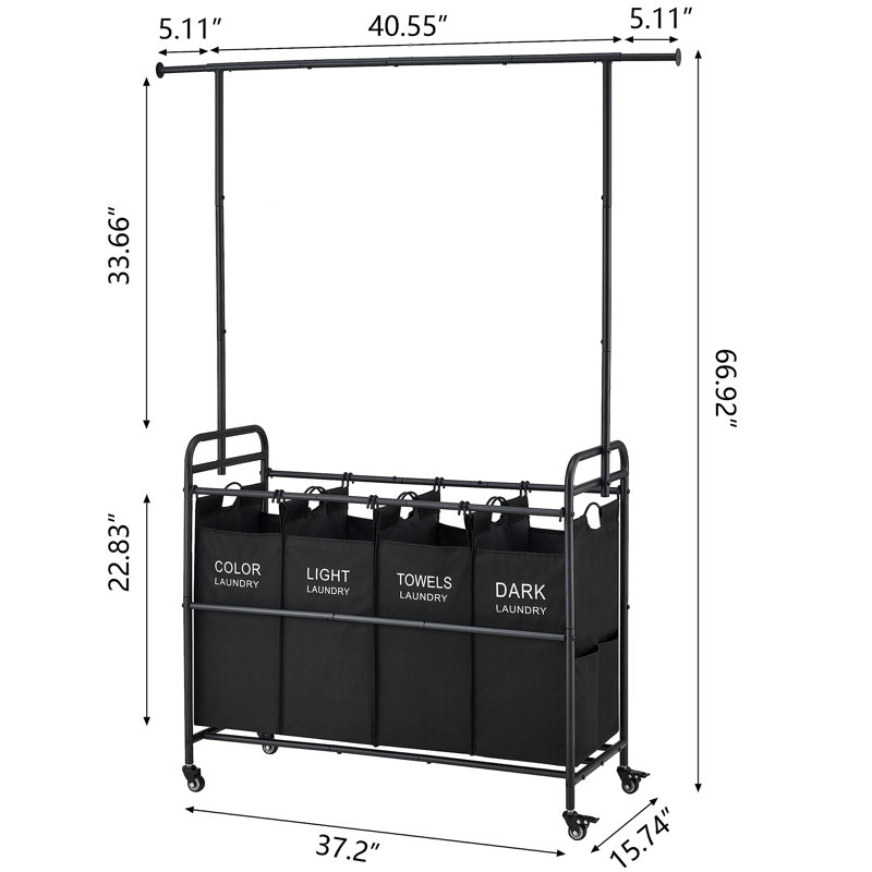 Black Metal Laundry Sorter Cart with Hanging Rack and Wheels