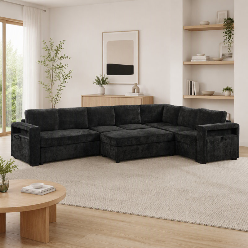 Modern L-Shaped Modular Sectional Sofa, 124.8" Oversized Chenille Upholstered Sofa Bed with Hidden Storage, USB Ports & Movable Ottoman for Living Room, Black