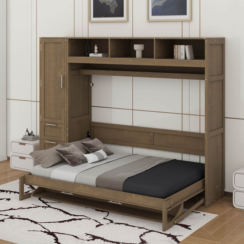 Lit escamotable double avec garde-robe, tiroirs et tablettes