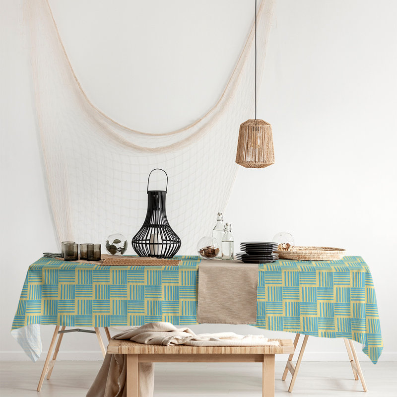 Classic Basketweave Stripes Tablecloth, Yellow/Teal