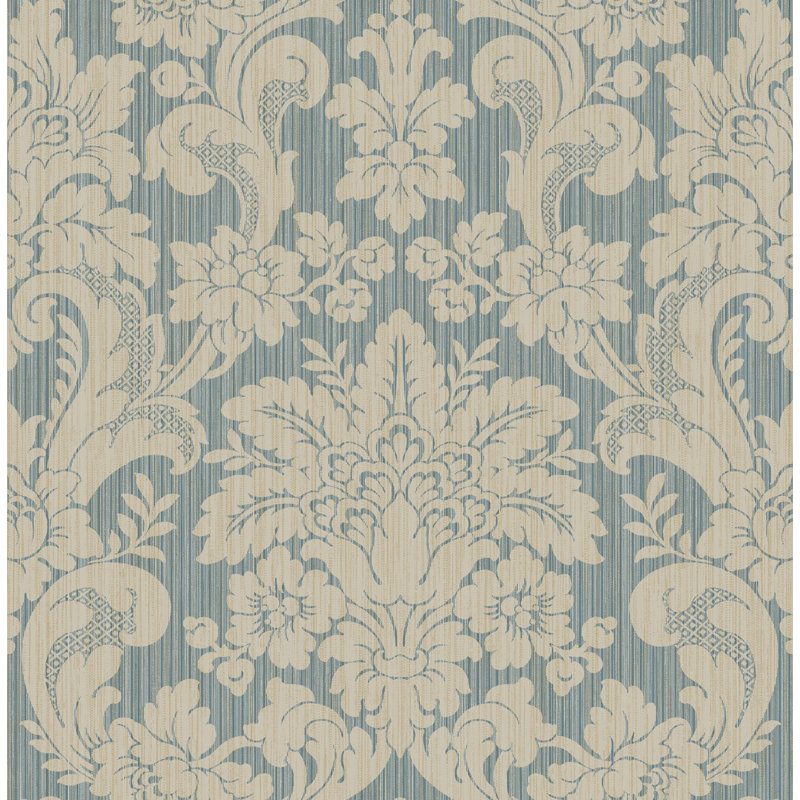 Rouleau de papier peint lisse l 33 pi x l 20,5 po damassé Bedelia, Bleu / Crème