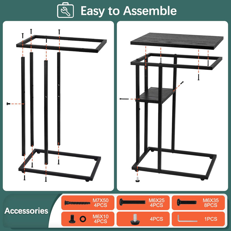 Black Metal and Wood C-Shaped End Table
