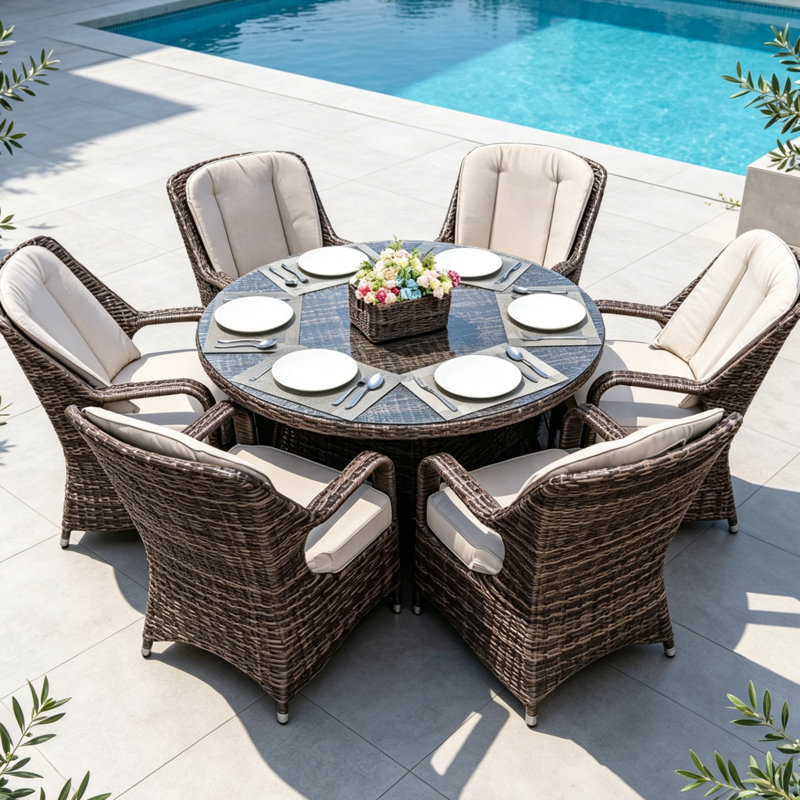 Northpoint 6 - Person Wicker Patio Dining Set with Round Table , Cushions Included, Beige, Brown