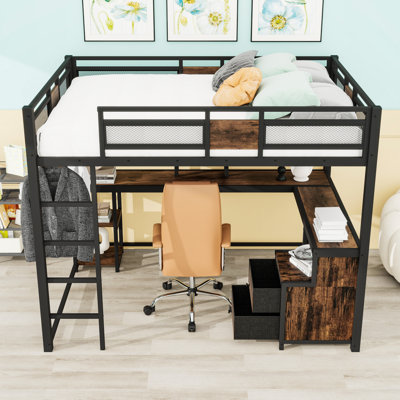 Grand lit mezzanine 2 tiroirs avec bureau, tablettes et garde-corps