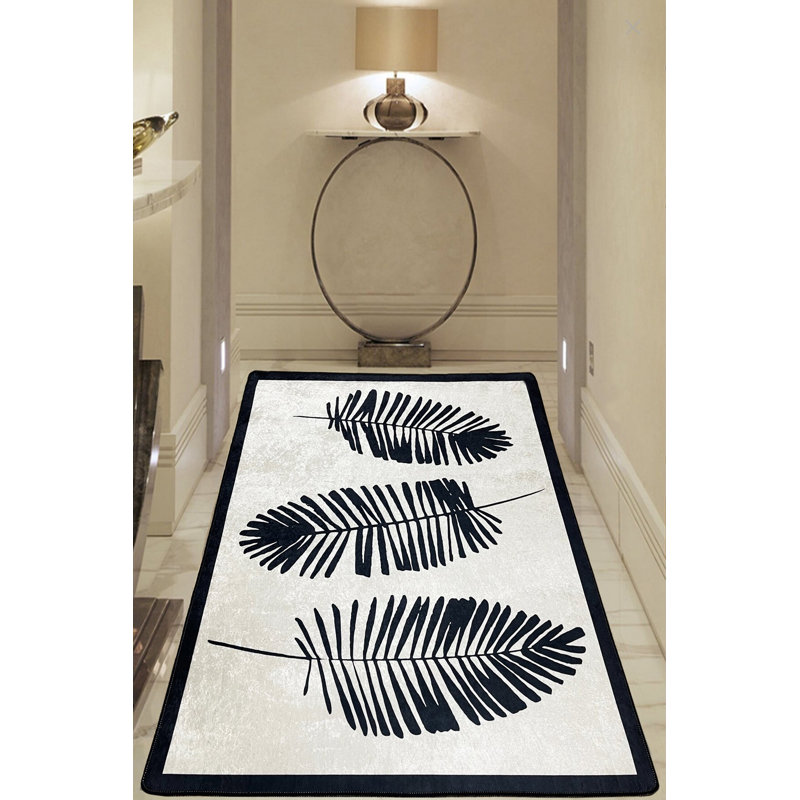 Tapis noir / blanc en polyester tissé à la machine Eckar, Rectangle 2 pi 7 po x 4 pi 7 po