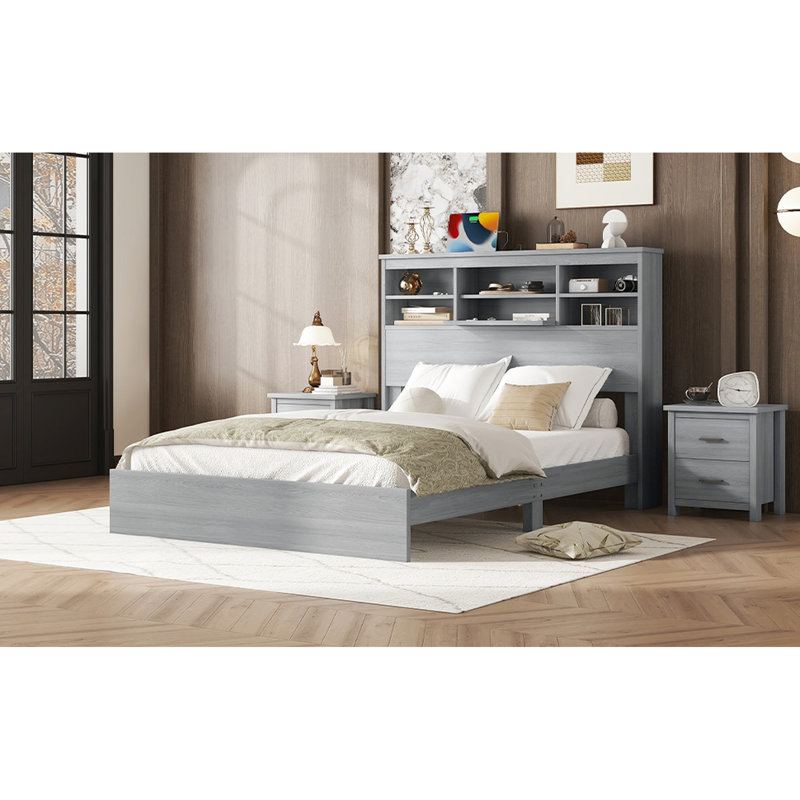 Grand lit plateforme avec rangement fonctionnel et tête de lit pour tête de lit fonctionnelle, Gris clair