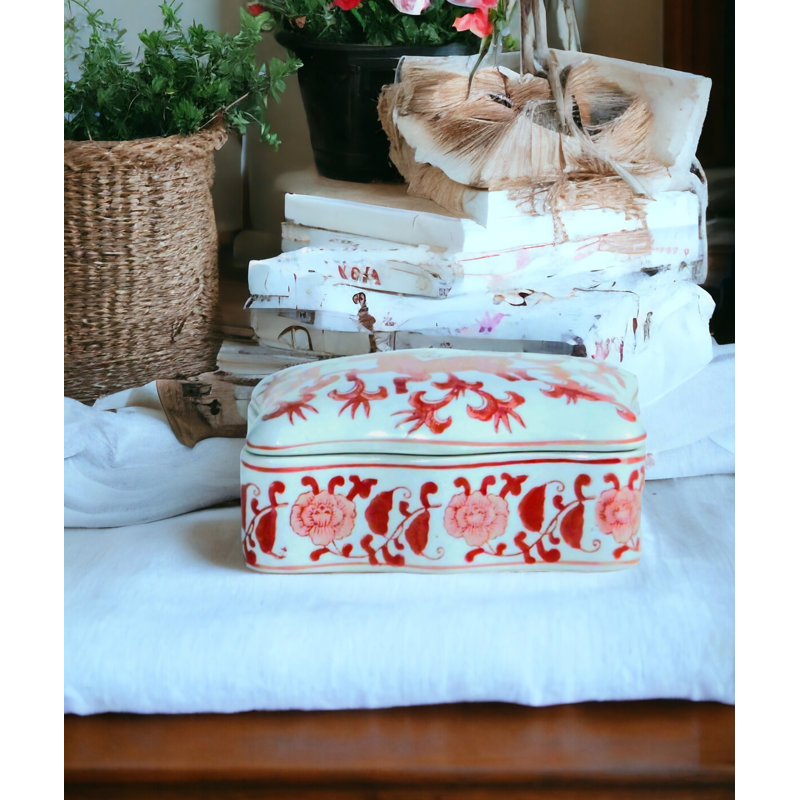 Boîte en porcelaine avec couvercle chinois, Rouge / blanc
