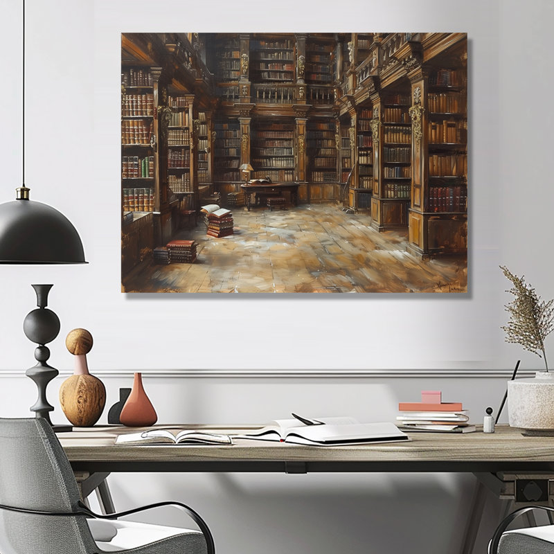 Impression d'art mural brun et beige rétro - Bibliothèque II, Sans cadre, métal, H 34 po x l 44 po