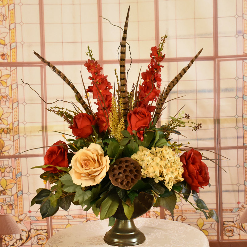 Faux Silk Mixed Floral Arrangement in Pedestal Bowl