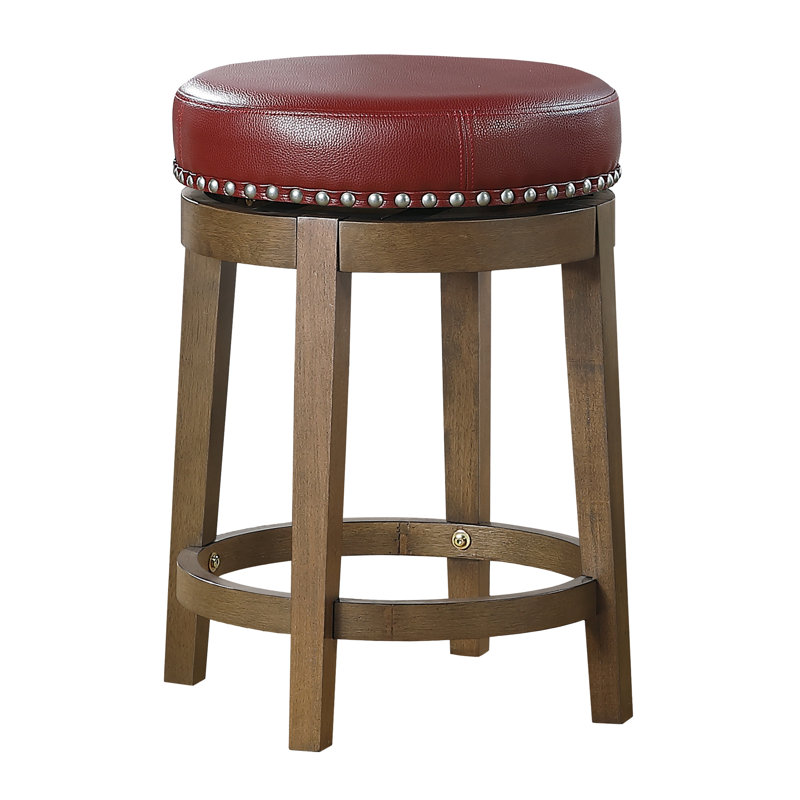 De 2 tabourets à hauteur de comptoir, siège pivotant en similicuir rouge à 360 ° avec garniture cloutée, structure en bois massif brun pour la salle à manger