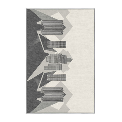 Machine Washable Paublo Busan Skyline Modern & Contemporary Geometric Rug in Beige – Gray Binding