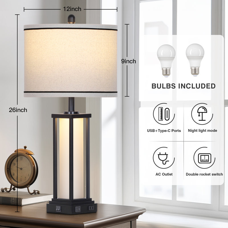27” Tall Vintage USB Table Lamp Set with Nightlight, Bulb Included, Black