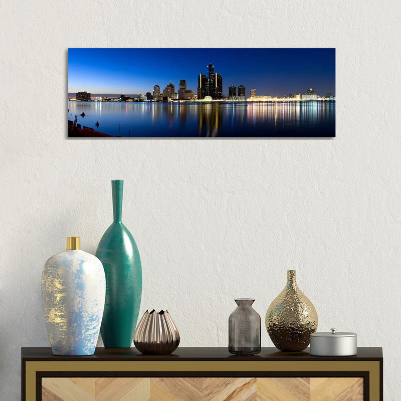 Buildings in a City Lit up at Dusk, Detroit River, Detroit, Michigan, USA 1 Piece Wrapped Canvas Panoramic Wall Art
