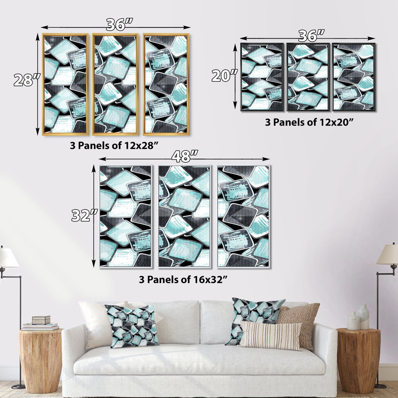 Carrés de graffiti turquoise et gris - 3 pièces, reproduction sur toile, Cadre noir, H 20 po x l 36 po x P 1 po