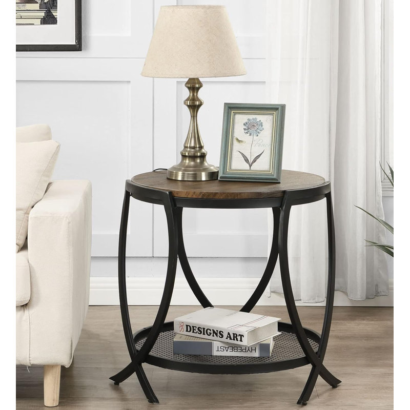 Rustic Brown Round Wood and Metal End Table with Storage Shelf