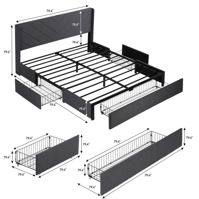 Bed Frame with 3 Storage Drawers,Upholstered King Bed Frame and Wingback Headboard, Type-C & USB,Noise-Free/No Box Spring Needed,Easy Assembly