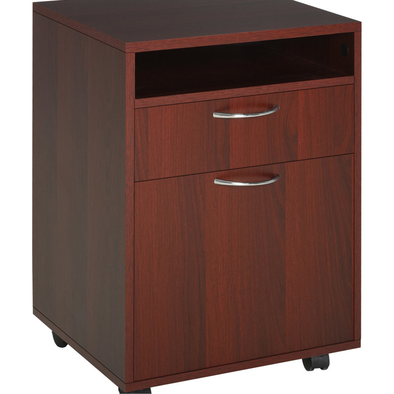 Armoire de rangement mobile brune et support pour imprimante avec tiroir, amplement pour les articles de bureau, compact à placer sous le bureau, freins verrouillables à 4 roues, - surface en bois de particules
