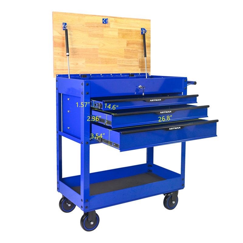 Chariot à outils mobile à 3 tiroirs avec plateau en bois - Armoire à outils robuste avec tiroirs à roulement à billes