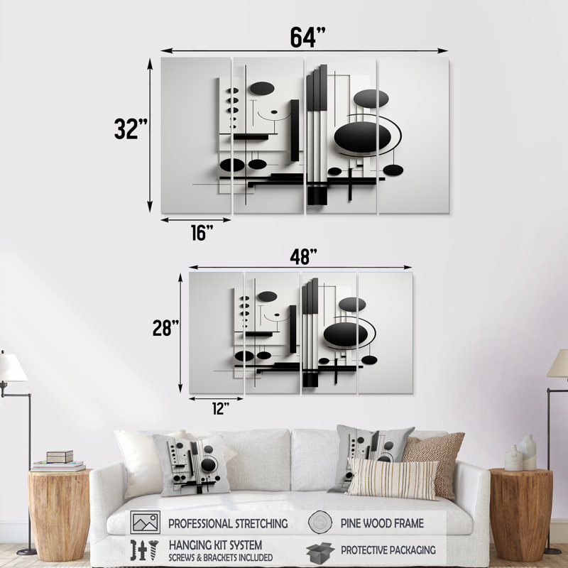 «Geometric Essence Monochromes Balance II - Minimalisme», art mural sur toile 4 pièces, H 32 po x l 64 po