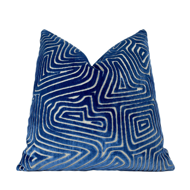 Maze Velvet Throw Pillow Cover, 20"H x 20"W, Blue Geometric