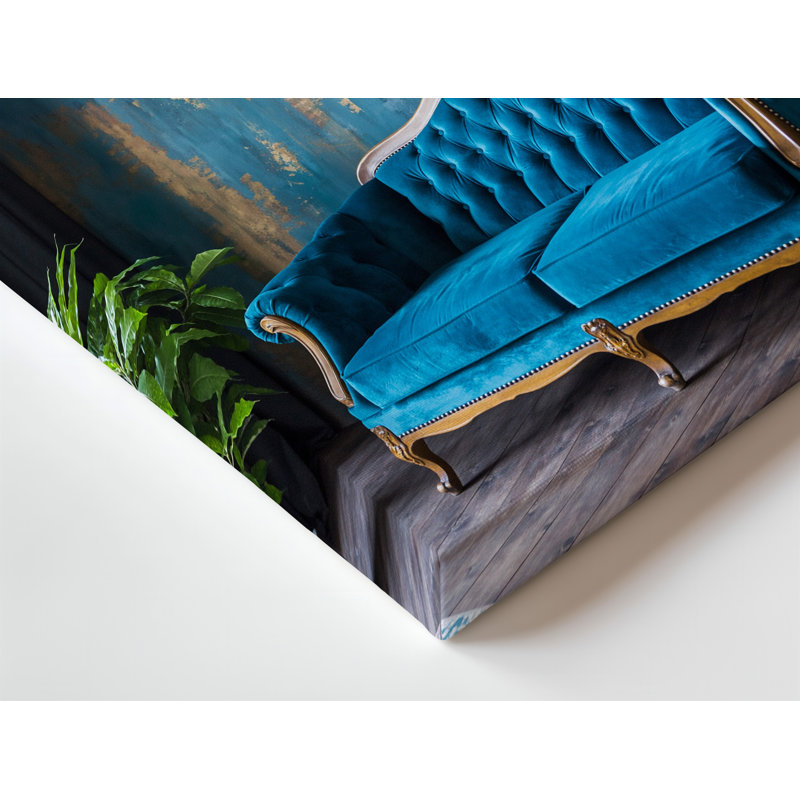 Toile dans un intérieur captivant, un canapé capitonné bleu classique avec art mural, H 30 po x l 30 po