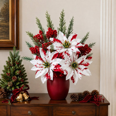 Paquet de 20 paquets de poinsettias artificiels rouges et blancs de 13,7 pouces, fausses tiges de poinsettias de Noël avec des baies rouges et des branches de pin, choix de fleurs artificielles pour guirlande de sapin de Noël, décoration de Noël, vase non inclus