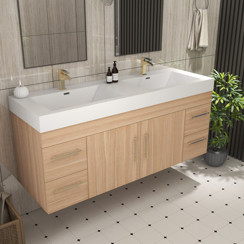 59" Wall-Mounted Double Bathroom Vanity Set, Champagne Oak