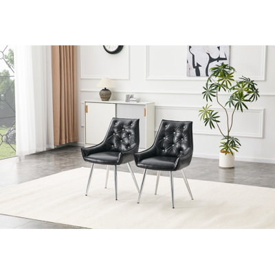 Set of 2 Crocodile Pattern PU Leather Accent Chair with Diamond Decor Backrest, Chrome Silver Metal Legs, Black