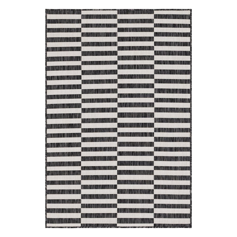 Tapis intérieur / extérieur rayé gris anthracite / ivoire Finkelstein, Rectangle 4 pi 1 po x 6 pi 1 po