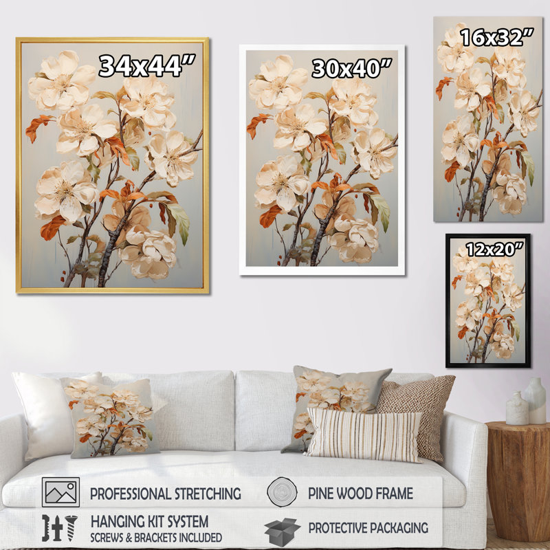 «White Apple Blossom Whispers III», art mural toile de fleur de pommier_106418, Impression argent sur toile encadrée