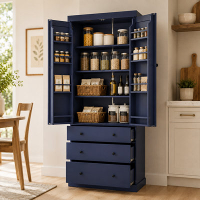 Garde-manger Daschel de 77 pouces de style ferme avec 3 tablettes réglables, 8 étagères à portes et 3 tiroirs