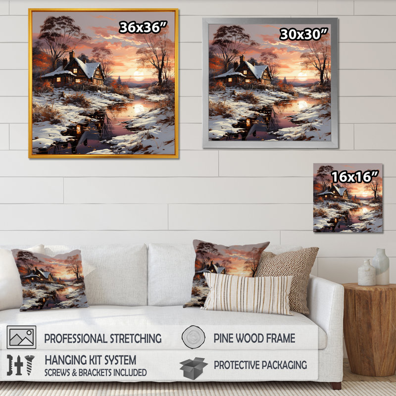 «Sunrise Winter Country Panorama I», reproduction d'art sur toile, Cadre flottant doré, 16" H x 16" W