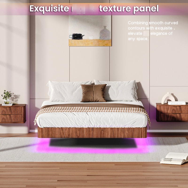 Queen Floating Bed Frame With Walnut Color, Led Lighting Setup, Wave Curve Wood Grain, Metal Slats, Invisible Support, Remote - Controlled Color Adjustable Lighting, High Resistance, Rejuvenating