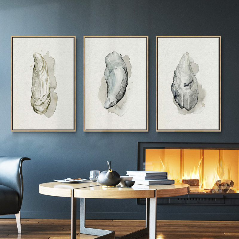 Oysters On The Bay I, ensemble de 3 toiles encadrées sur toile, Bois naturel, H 36 po x l 72 po