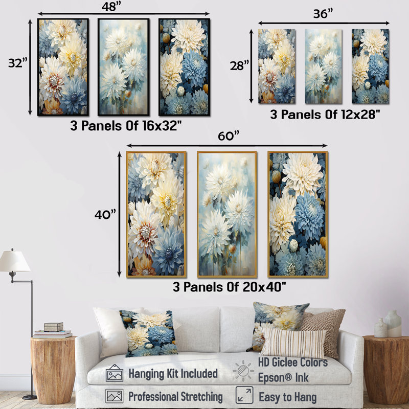 Blooming Mums in Beige and Blue - Ensemble de salon mural 3 pièces Mums, Cadre flottant noir, H 40 po x l 60 po