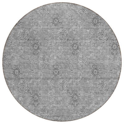 Tapis extérieur rond lavable floral 8 pi étain et gris