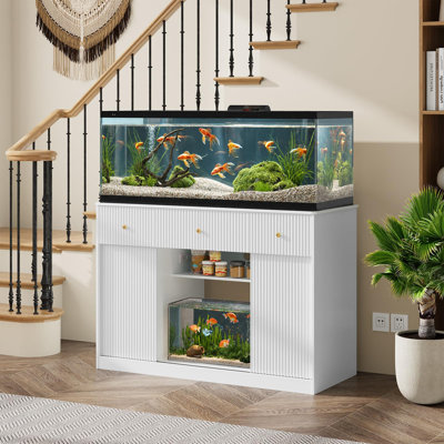 Support d'aquarium moderne blanc avec lumière DEL, prises et porte de grange coulissante