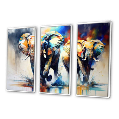 Éléphants qui courent - Impression sur toile 3 pièces