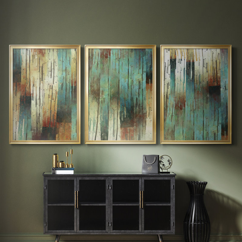 Digital Intrusion II  -Custom Framed  Wrapped Gallery Canvas - 3 Pieces, 30" H x 63" W, Gold