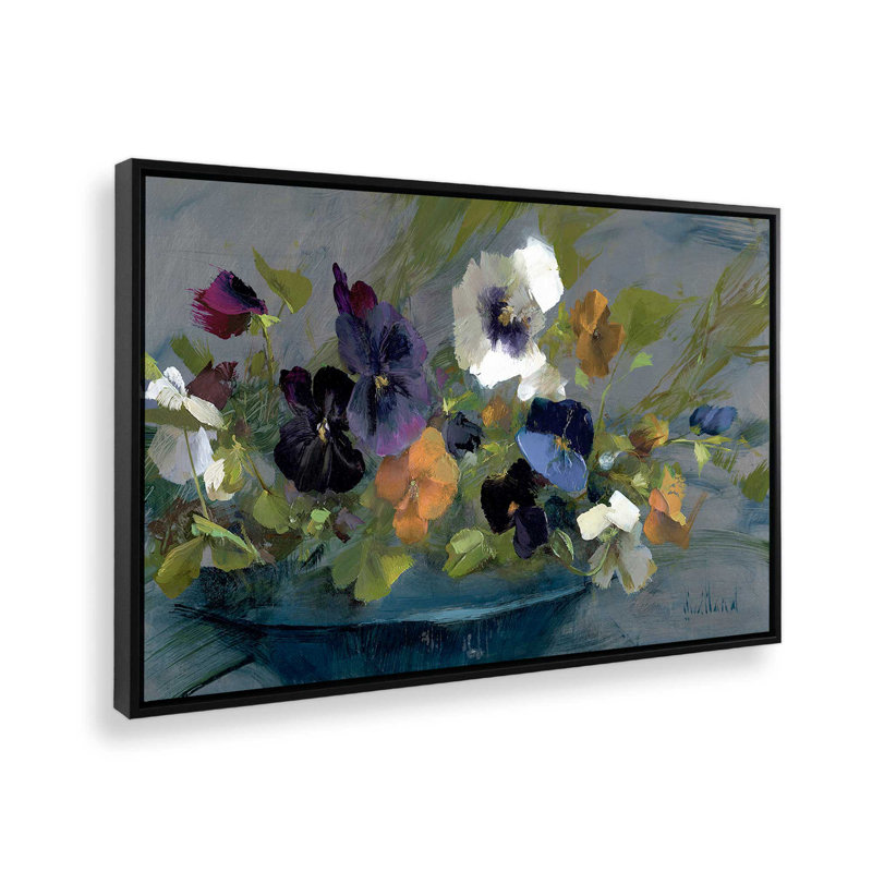 Vivid Pansy Arrangement Rolled, Satin Black Floater Framed, 12.75" H x 18.75" W x 1.75" D